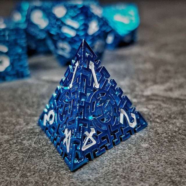 Sage's Labyrinths - Blue Weave White Ink Hollow Metal Polyhedral Dice Set - Sage's PortalHollow Metal Dice Set