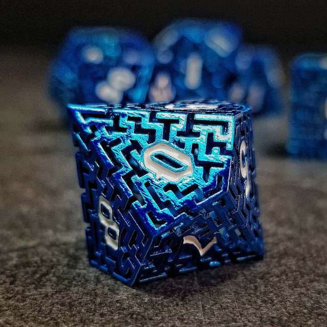 Sage's Labyrinths - Blue Weave White Ink Hollow Metal Polyhedral Dice Set - Sage's PortalHollow Metal Dice Set