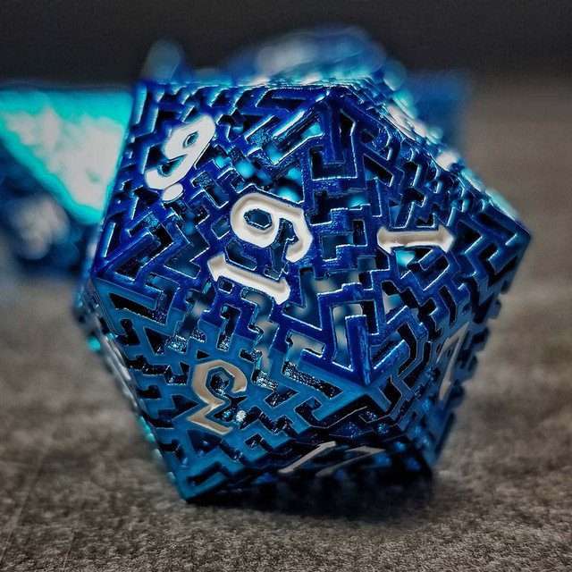Sage's Labyrinths - Blue Weave White Ink Hollow Metal Polyhedral Dice Set - Sage's PortalHollow Metal Dice Set