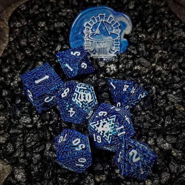 Sage's Labyrinths - Blue Weave White Ink Hollow Metal Polyhedral Dice Set - Sage's PortalHollow Metal Dice Set