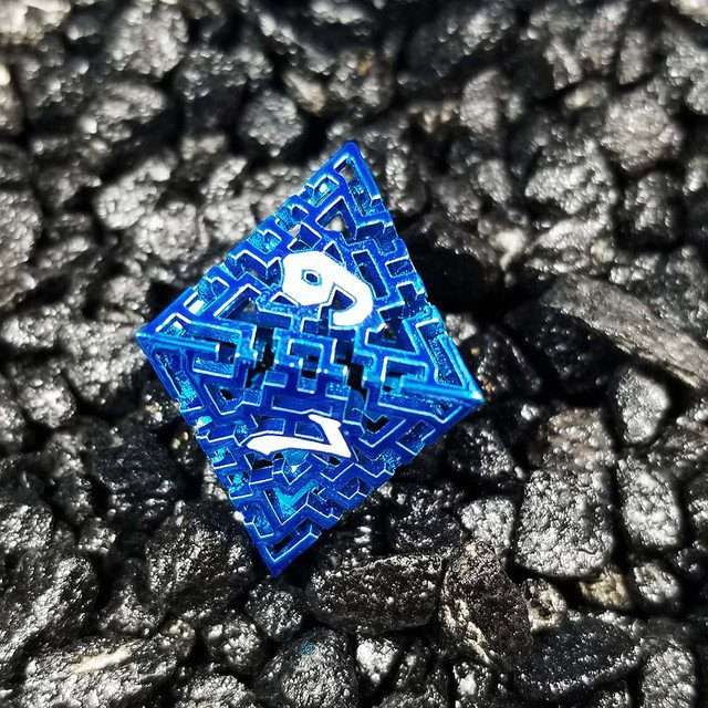 Sage's Labyrinths - Blue Weave White Ink Hollow Metal Polyhedral Dice Set - Sage's PortalHollow Metal Dice Set