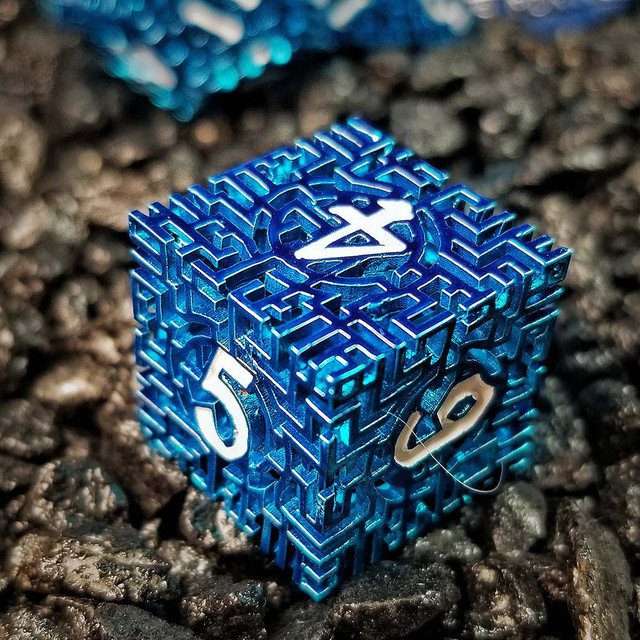 Sage's Labyrinths - Blue Weave White Ink Hollow Metal Polyhedral Dice Set - Sage's PortalHollow Metal Dice Set