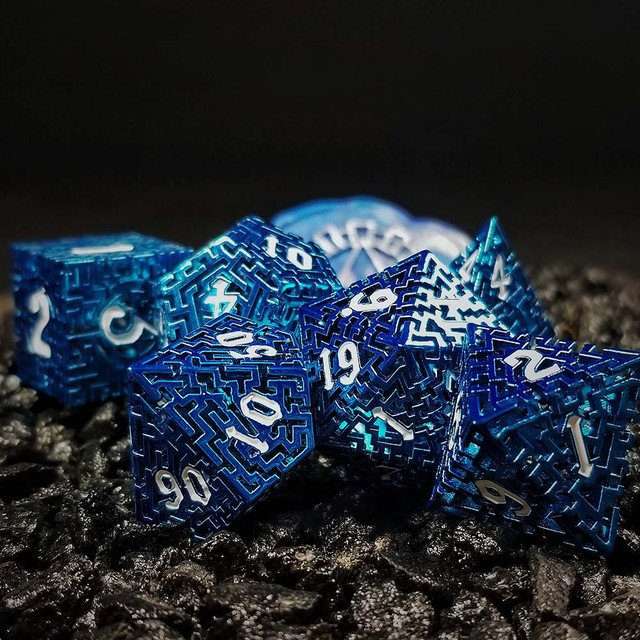 Sage's Labyrinths - Blue Weave White Ink Hollow Metal Polyhedral Dice Set - Sage's PortalHollow Metal Dice Set
