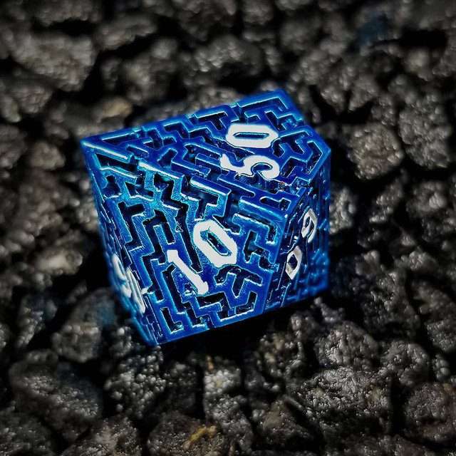 Sage's Labyrinths - Blue Weave White Ink Hollow Metal Polyhedral Dice Set - Sage's PortalHollow Metal Dice Set