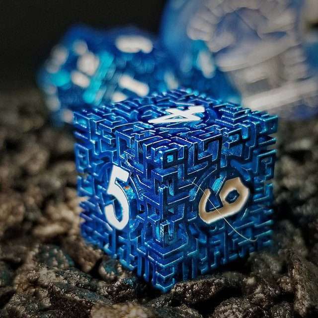 Sage's Labyrinths - Blue Weave White Ink Hollow Metal Polyhedral Dice Set - Sage's PortalHollow Metal Dice Set