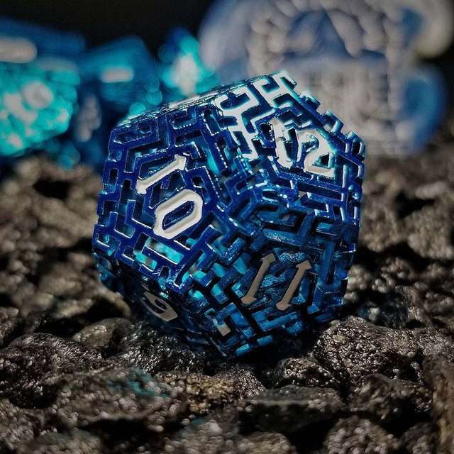 Sage's Labyrinths - Blue Weave White Ink Hollow Metal Polyhedral Dice Set - Sage's PortalHollow Metal Dice Set