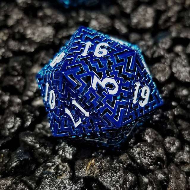 Sage's Labyrinths - Blue Weave White Ink Hollow Metal Polyhedral Dice Set - Sage's PortalHollow Metal Dice Set
