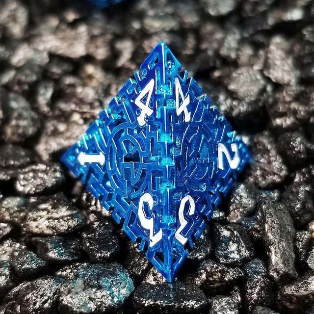 Sage's Labyrinths - Blue Weave White Ink Hollow Metal Polyhedral Dice Set - Sage's PortalHollow Metal Dice Set