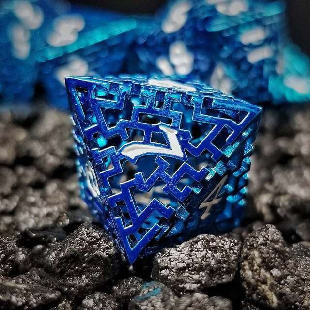 Sage's Labyrinths - Blue Weave White Ink Hollow Metal Polyhedral Dice Set - Sage's PortalHollow Metal Dice Set