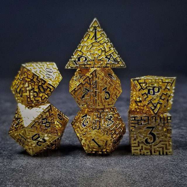 Sage's Labyrinths - Gold Weave Black Ink Hollow Metal Polyhedral Dice Set - Sage's PortalHollow Metal Dice Set