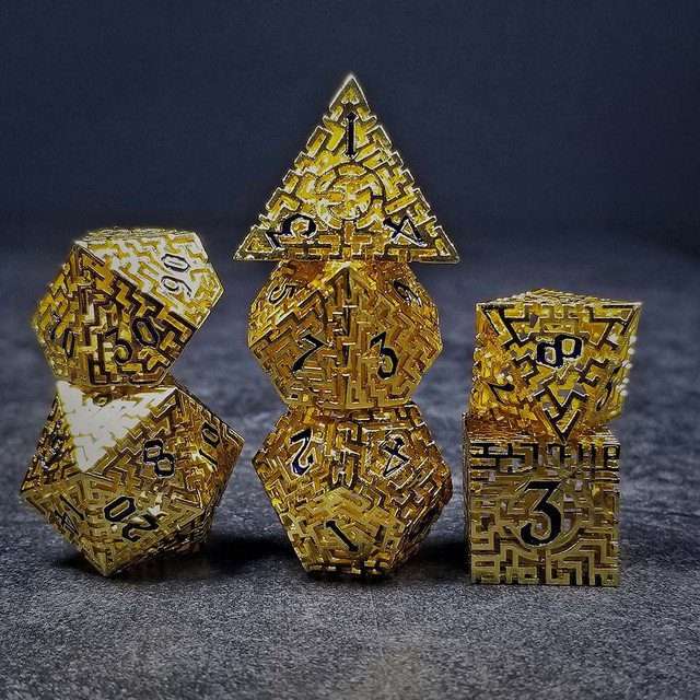 Sage's Labyrinths - Gold Weave Black Ink Hollow Metal Polyhedral Dice Set - Sage's PortalHollow Metal Dice Set