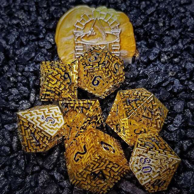 Sage's Labyrinths - Gold Weave Black Ink Hollow Metal Polyhedral Dice Set - Sage's PortalHollow Metal Dice Set