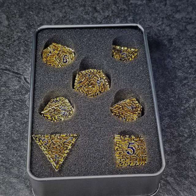 Sage's Labyrinths - Gold Weave Black Ink Hollow Metal Polyhedral Dice Set - Sage's PortalHollow Metal Dice Set