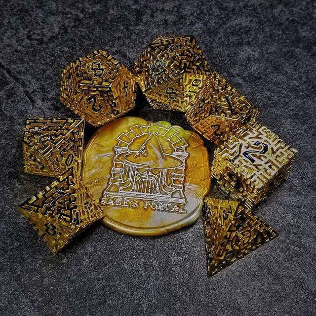 Sage's Labyrinths - Gold Weave Black Ink Hollow Metal Polyhedral Dice Set - Sage's PortalHollow Metal Dice Set