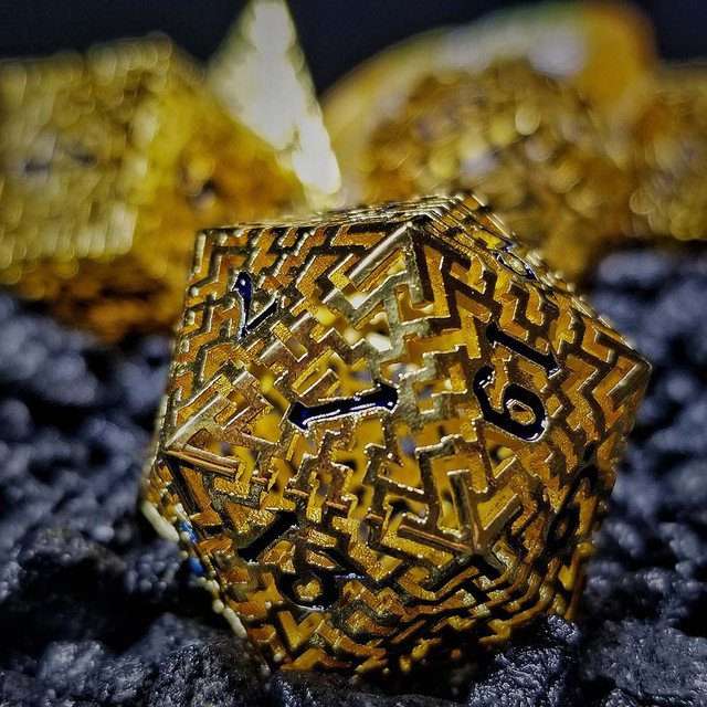 Sage's Labyrinths - Gold Weave Black Ink Hollow Metal Polyhedral Dice Set - Sage's PortalHollow Metal Dice Set
