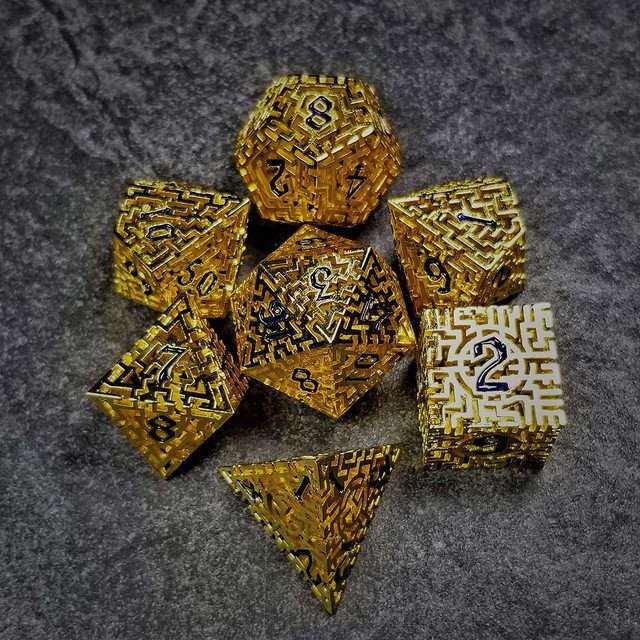 Sage's Labyrinths - Gold Weave Black Ink Hollow Metal Polyhedral Dice Set - Sage's PortalHollow Metal Dice Set