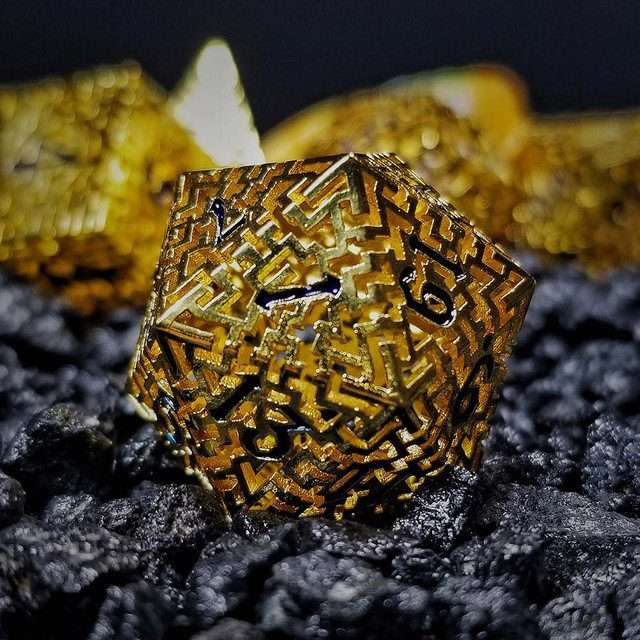 Sage's Labyrinths - Gold Weave Black Ink Hollow Metal Polyhedral Dice Set - Sage's PortalHollow Metal Dice Set