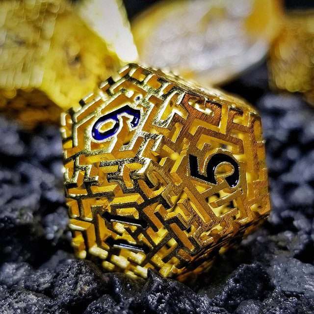 Sage's Labyrinths - Gold Weave Black Ink Hollow Metal Polyhedral Dice Set - Sage's PortalHollow Metal Dice Set