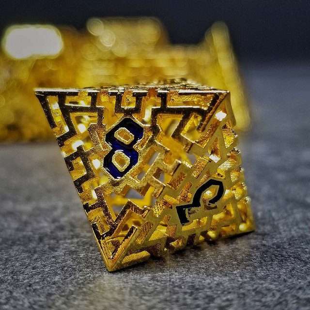 Sage's Labyrinths - Gold Weave Black Ink Hollow Metal Polyhedral Dice Set - Sage's PortalHollow Metal Dice Set