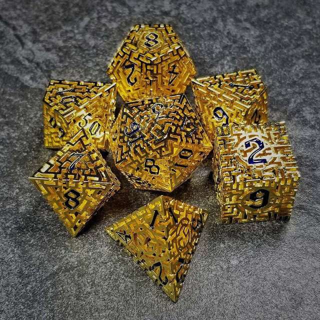 Sage's Labyrinths - Gold Weave Black Ink Hollow Metal Polyhedral Dice Set - Sage's PortalHollow Metal Dice Set