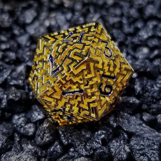 Sage's Labyrinths - Gold Weave Black Ink Hollow Metal Polyhedral Dice Set - Sage's PortalHollow Metal Dice Set