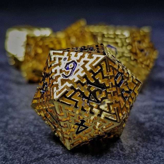 Sage's Labyrinths - Gold Weave Black Ink Hollow Metal Polyhedral Dice Set - Sage's PortalHollow Metal Dice Set