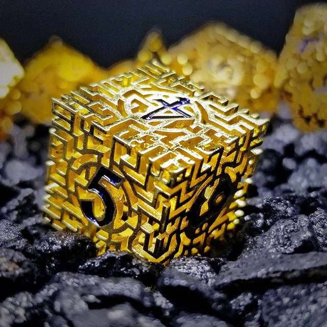 Sage's Labyrinths - Gold Weave Black Ink Hollow Metal Polyhedral Dice Set - Sage's PortalHollow Metal Dice Set