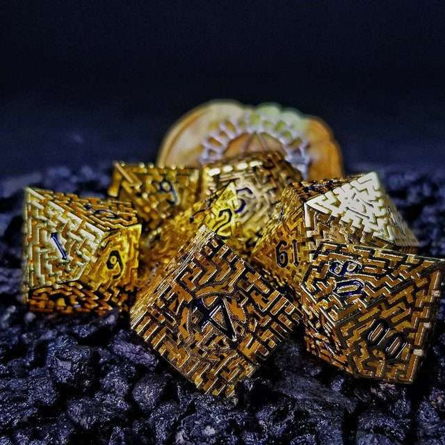Sage's Labyrinths - Gold Weave Black Ink Hollow Metal Polyhedral Dice Set - Sage's PortalHollow Metal Dice Set