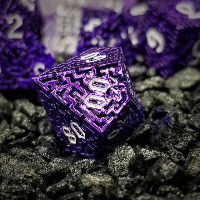Sage's Labyrinths - Purple Weave White Ink Hollow Metal Polyhedral Dice Set - Sage's PortalHollow Metal Dice Set