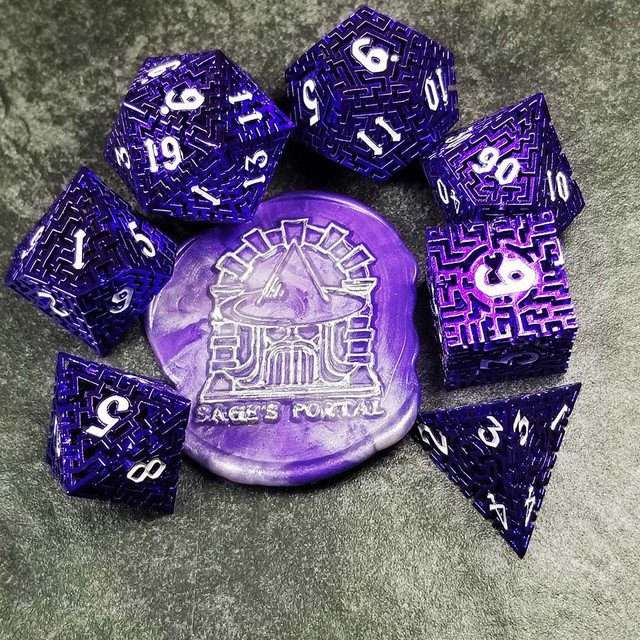 Sage's Labyrinths - Purple Weave White Ink Hollow Metal Polyhedral Dice Set - Sage's PortalHollow Metal Dice Set