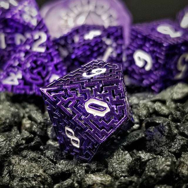 Sage's Labyrinths - Purple Weave White Ink Hollow Metal Polyhedral Dice Set - Sage's PortalHollow Metal Dice Set