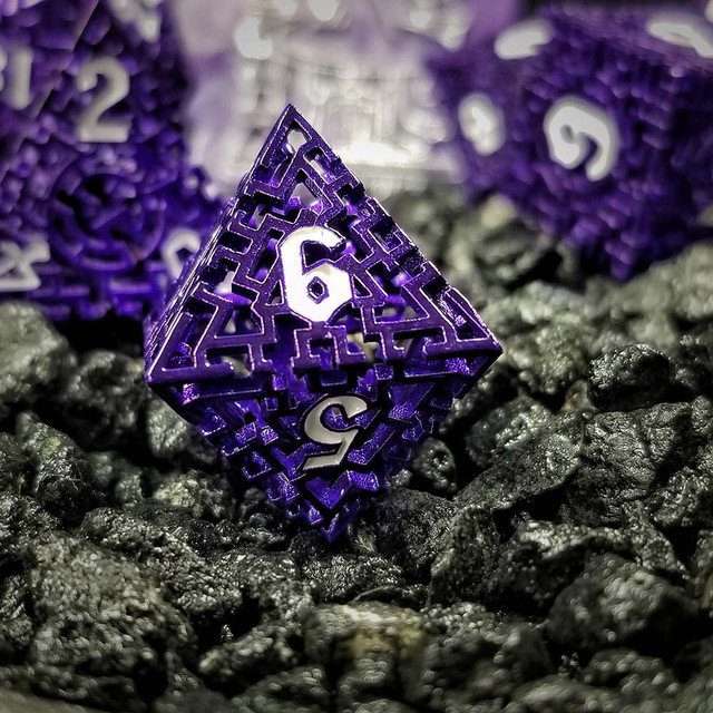 Sage's Labyrinths - Purple Weave White Ink Hollow Metal Polyhedral Dice Set - Sage's PortalHollow Metal Dice Set