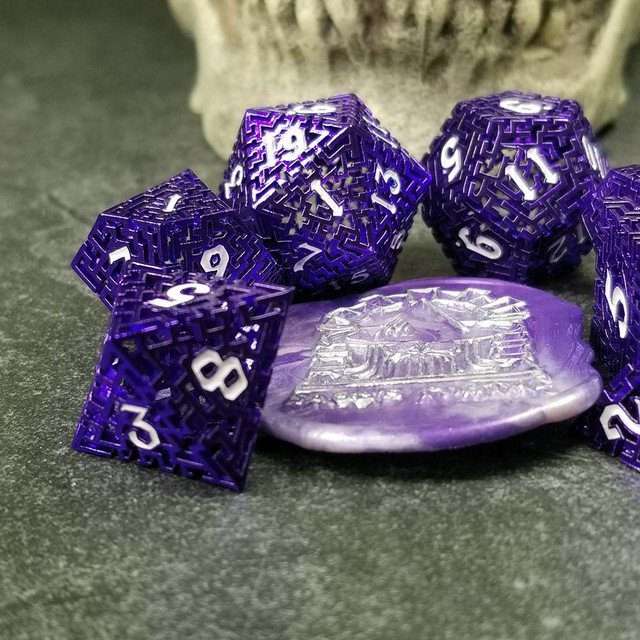 Sage's Labyrinths - Purple Weave White Ink Hollow Metal Polyhedral Dice Set - Sage's PortalHollow Metal Dice Set