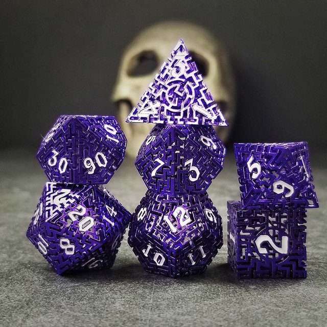 Sage's Labyrinths - Purple Weave White Ink Hollow Metal Polyhedral Dice Set - Sage's PortalHollow Metal Dice Set