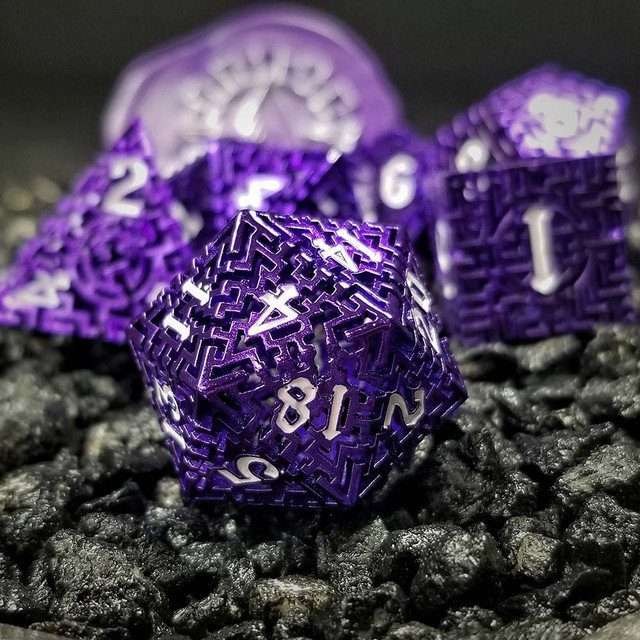 Sage's Labyrinths - Purple Weave White Ink Hollow Metal Polyhedral Dice Set - Sage's PortalHollow Metal Dice Set