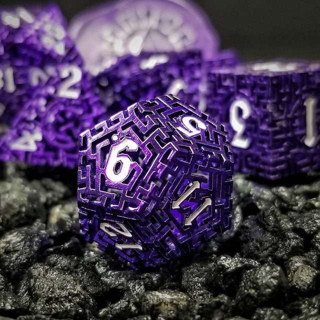 Sage's Labyrinths - Purple Weave White Ink Hollow Metal Polyhedral Dice Set - Sage's PortalHollow Metal Dice Set