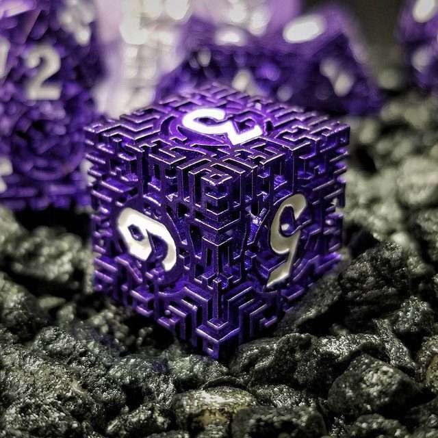 Sage's Labyrinths - Purple Weave White Ink Hollow Metal Polyhedral Dice Set - Sage's PortalHollow Metal Dice Set