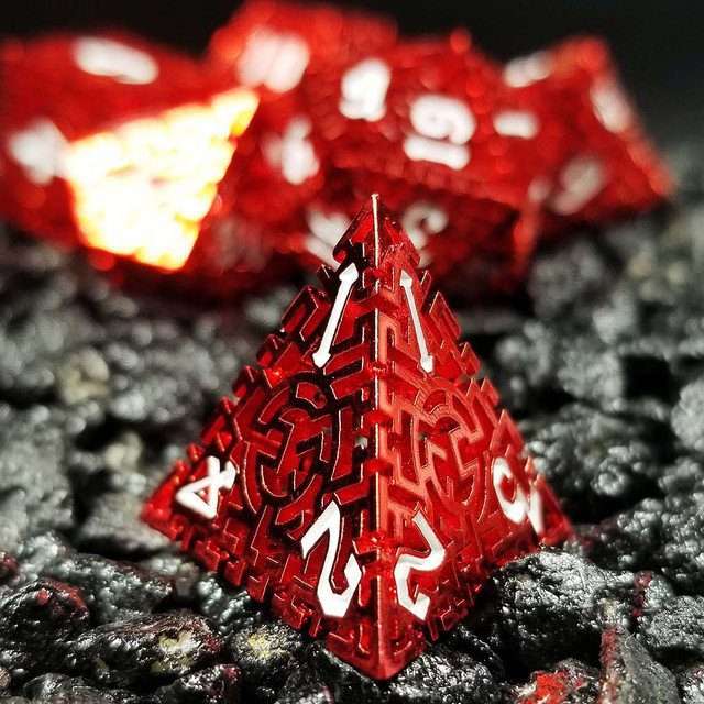 Sage's Labyrinths - Red Weave White Ink Hollow Metal Polyhedral Dice Set - Sage's PortalHollow Metal Dice Set