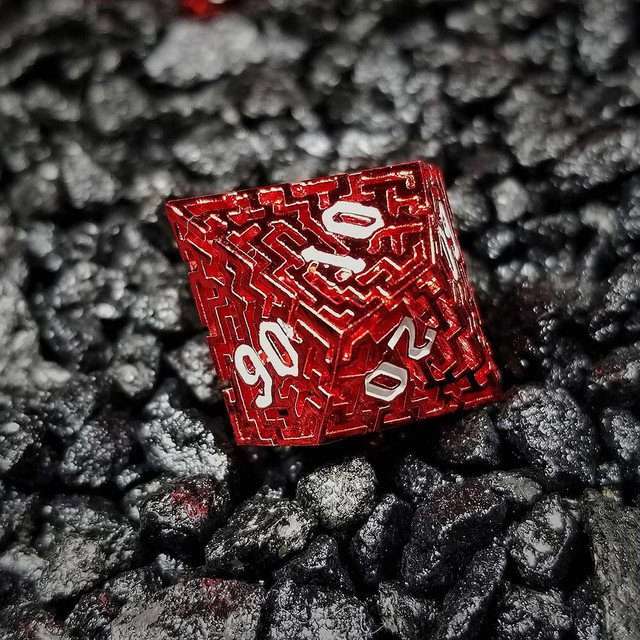 Sage's Labyrinths - Red Weave White Ink Hollow Metal Polyhedral Dice Set - Sage's PortalHollow Metal Dice Set