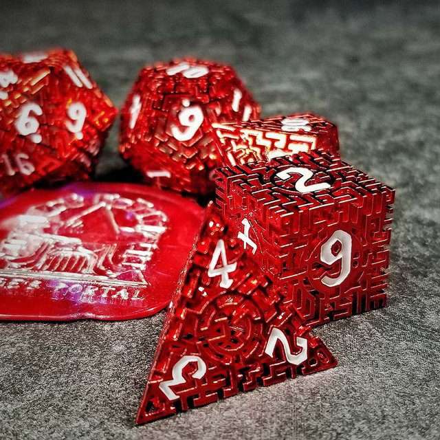 Sage's Labyrinths - Red Weave White Ink Hollow Metal Polyhedral Dice Set - Sage's PortalHollow Metal Dice Set