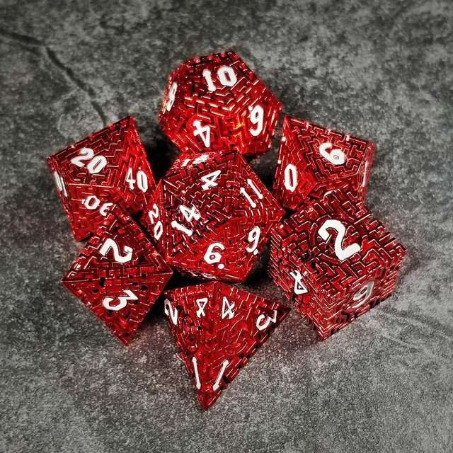 Sage's Labyrinths - Red Weave White Ink Hollow Metal Polyhedral Dice Set - Sage's PortalHollow Metal Dice Set