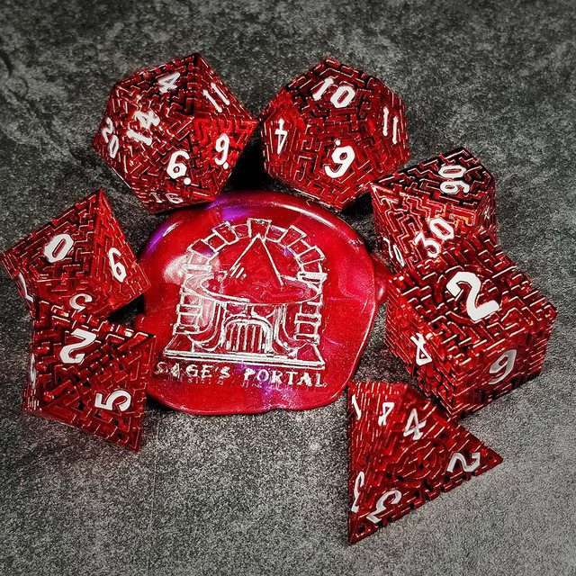 Sage's Labyrinths - Red Weave White Ink Hollow Metal Polyhedral Dice Set - Sage's PortalHollow Metal Dice Set