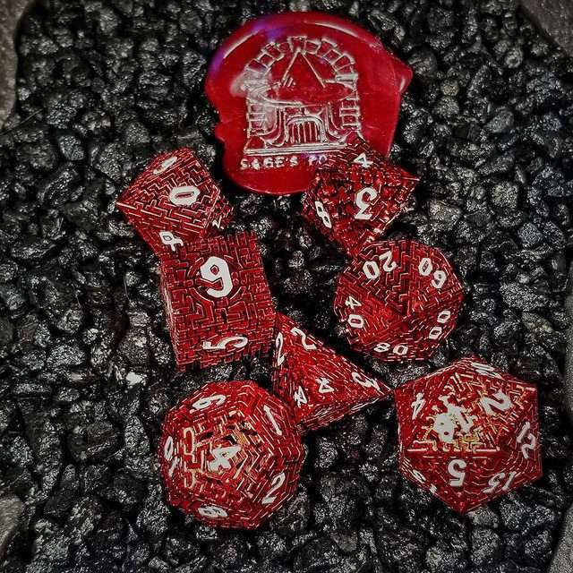 Sage's Labyrinths - Red Weave White Ink Hollow Metal Polyhedral Dice Set - Sage's PortalHollow Metal Dice Set