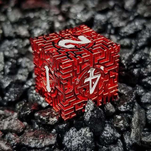 Sage's Labyrinths - Red Weave White Ink Hollow Metal Polyhedral Dice Set - Sage's PortalHollow Metal Dice Set