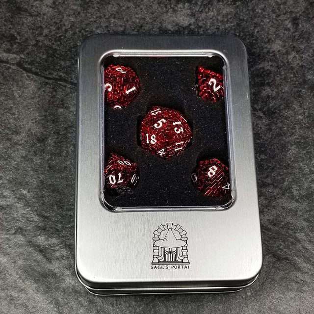 Sage's Labyrinths - Red Weave White Ink Hollow Metal Polyhedral Dice Set - Sage's PortalHollow Metal Dice Set