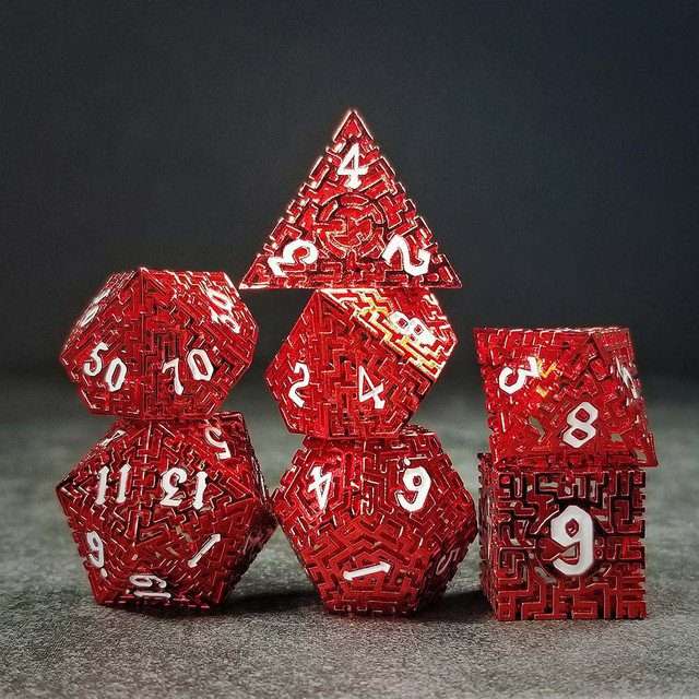 Sage's Labyrinths - Red Weave White Ink Hollow Metal Polyhedral Dice Set - Sage's PortalHollow Metal Dice Set