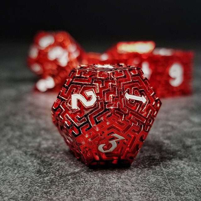 Sage's Labyrinths - Red Weave White Ink Hollow Metal Polyhedral Dice Set - Sage's PortalHollow Metal Dice Set