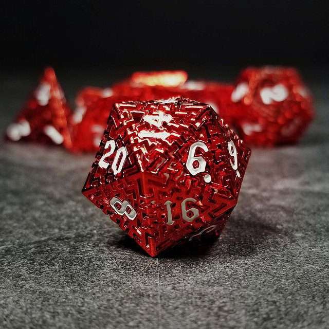 Sage's Labyrinths - Red Weave White Ink Hollow Metal Polyhedral Dice Set - Sage's PortalHollow Metal Dice Set