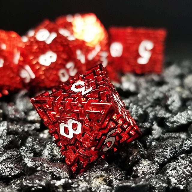Sage's Labyrinths - Red Weave White Ink Hollow Metal Polyhedral Dice Set - Sage's PortalHollow Metal Dice Set