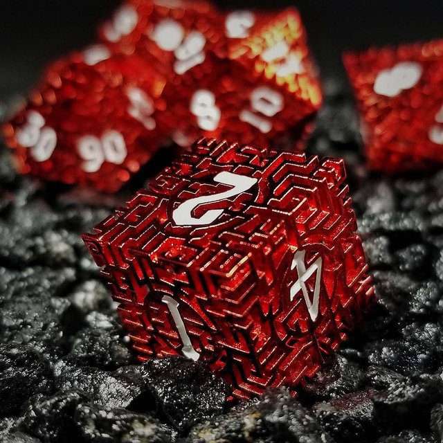 Sage's Labyrinths - Red Weave White Ink Hollow Metal Polyhedral Dice Set - Sage's PortalHollow Metal Dice Set